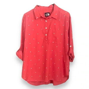 The North Face Blouse Salmon pink with white birds/flowers. Roll up sleeves.
